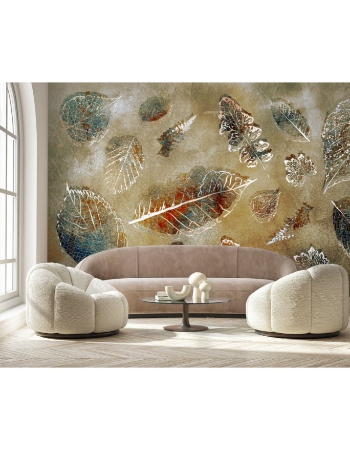 Modern living room wall mural - Vintage style leaves | FEEBY