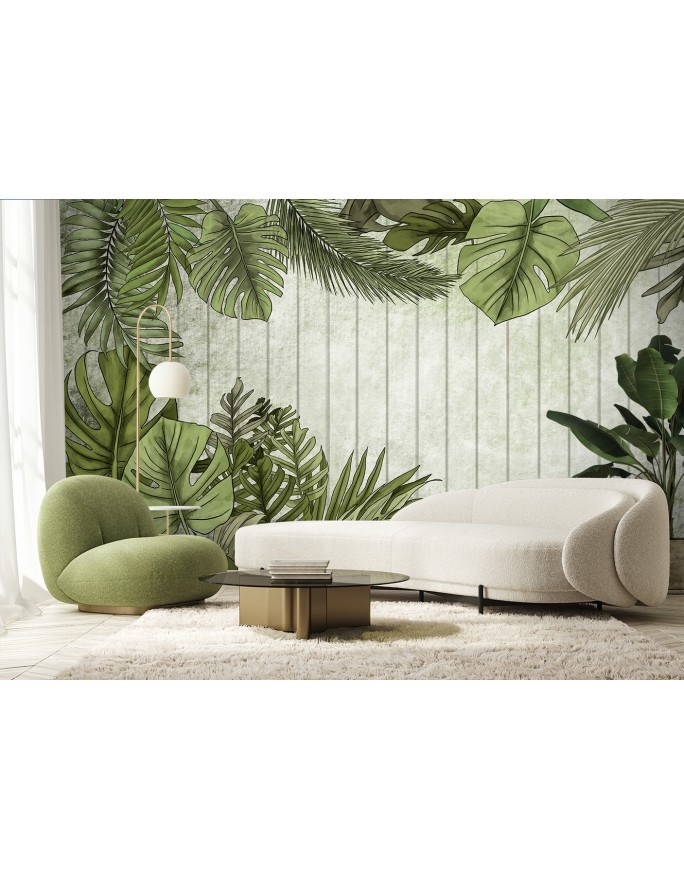 Wall mural - Tropical palm leaves on a board background | FEEBY