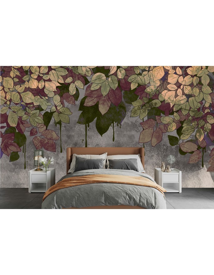 Bedroom wall mural - Falling leaves on concrete | FEEBY
