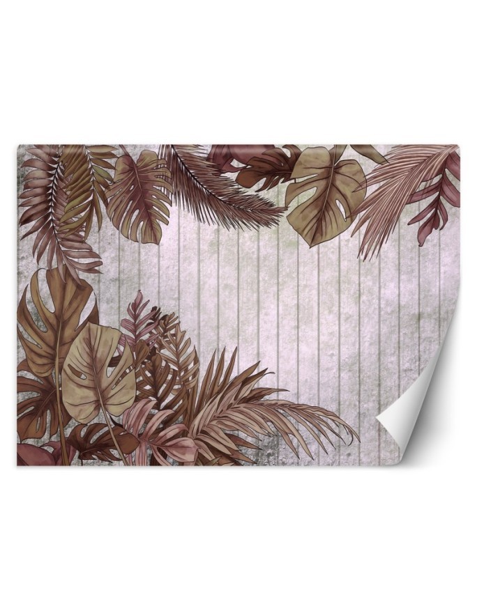 Living room mural - Tropical monstera leaves on plank | FEEBY