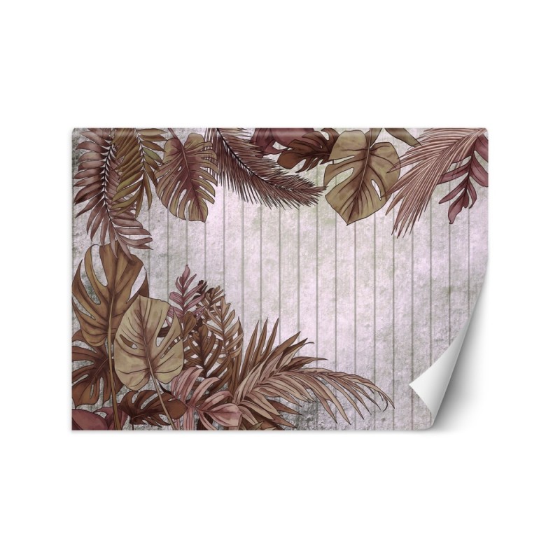 Living room mural - Tropical monstera leaves on plank | FEEBY