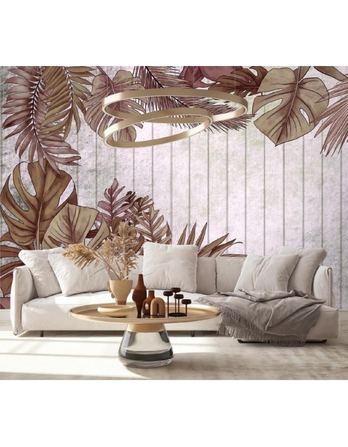 Living room mural - Tropical monstera leaves on plank | FEEBY