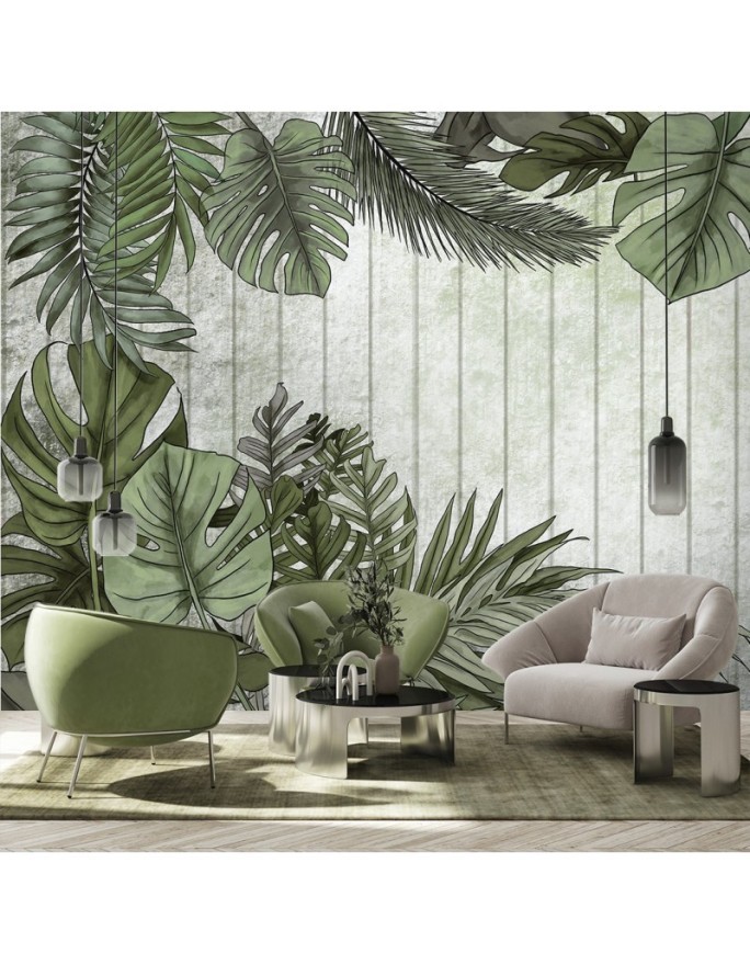 Wall mural - Exotic monstera leaves on a planked background | FEEBY