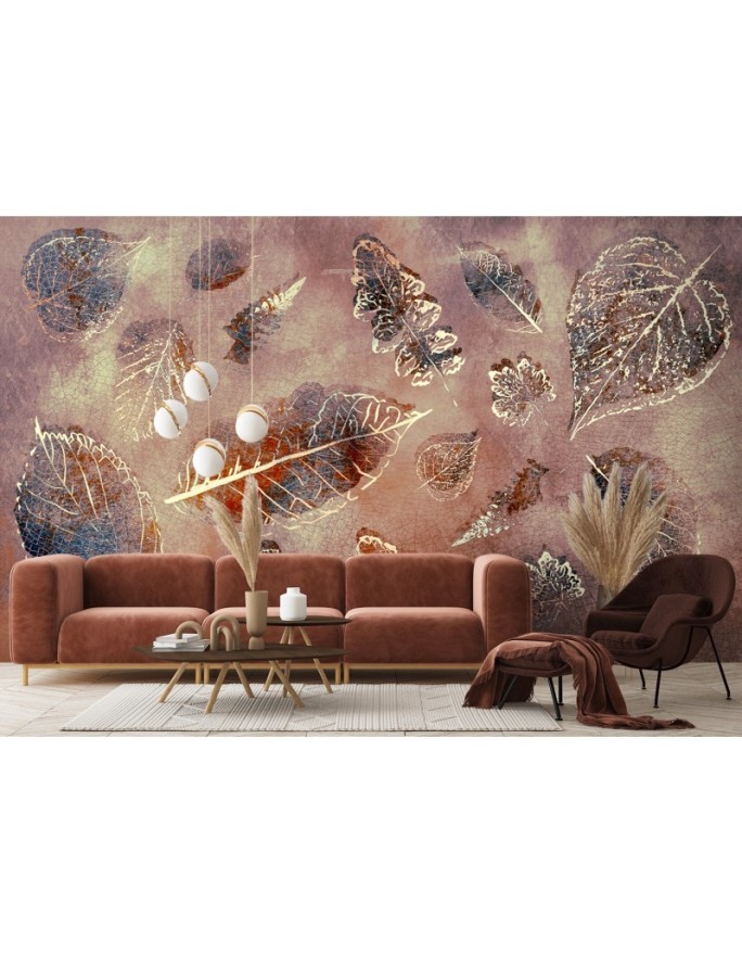 Bedroom wall mural - Golden leaves in retro style | FEEBY