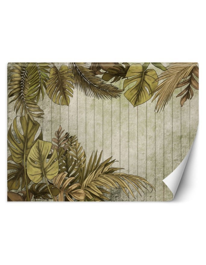 Living room wallpaper - Tropical leaves on a plank background | FEEBY