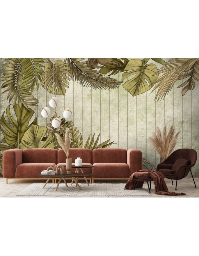 Living room wallpaper - Tropical leaves on a plank background | FEEBY