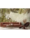 Living room wallpaper - Tropical leaves on a plank background | FEEBY