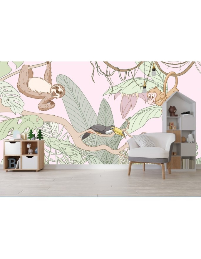 Children's wall mural - Tropical pastel animals in the jungle | FEEBY
