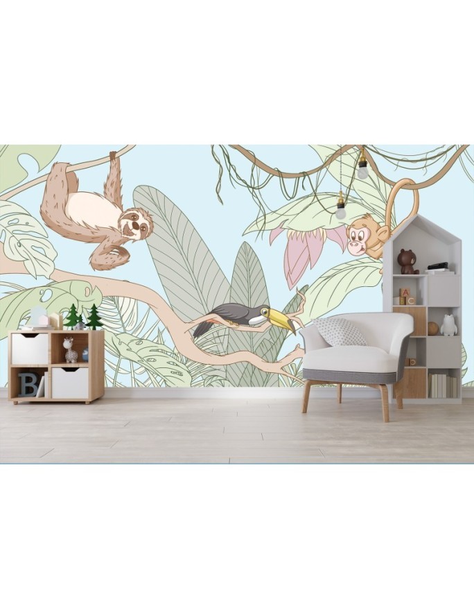 Children's wall mural - Tropical pastel animals in the jungle | FEEBY
