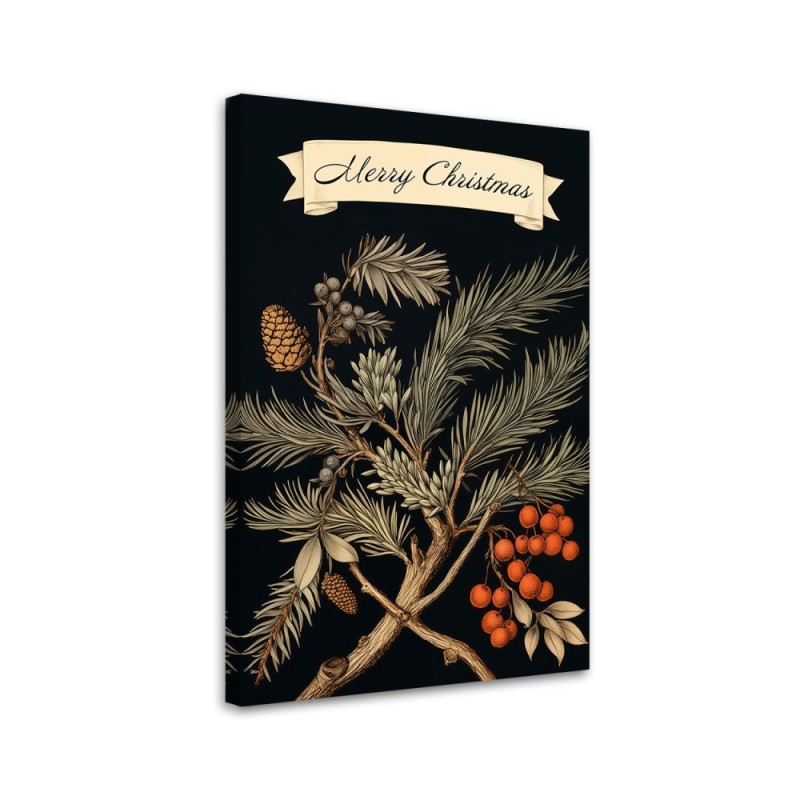 Christmas canvas art - Merry Christmas inscription and pine branch | FEEBY