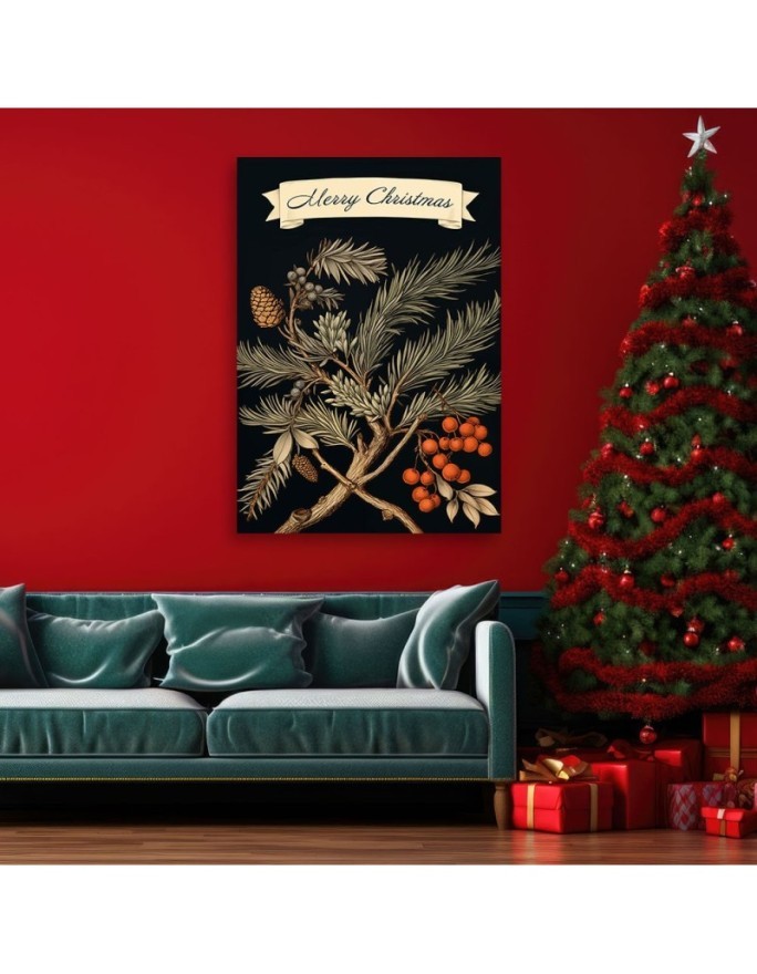 Christmas canvas art - Merry Christmas inscription and pine branch | FEEBY