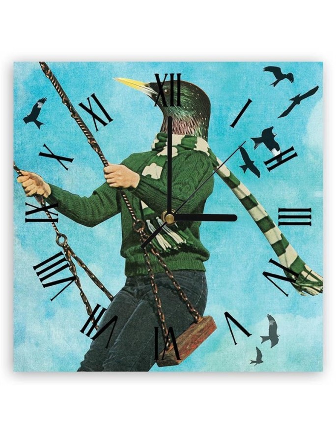 Wall clock - Man with a bird's head on a swing - Lili Chartrand | FEEBY