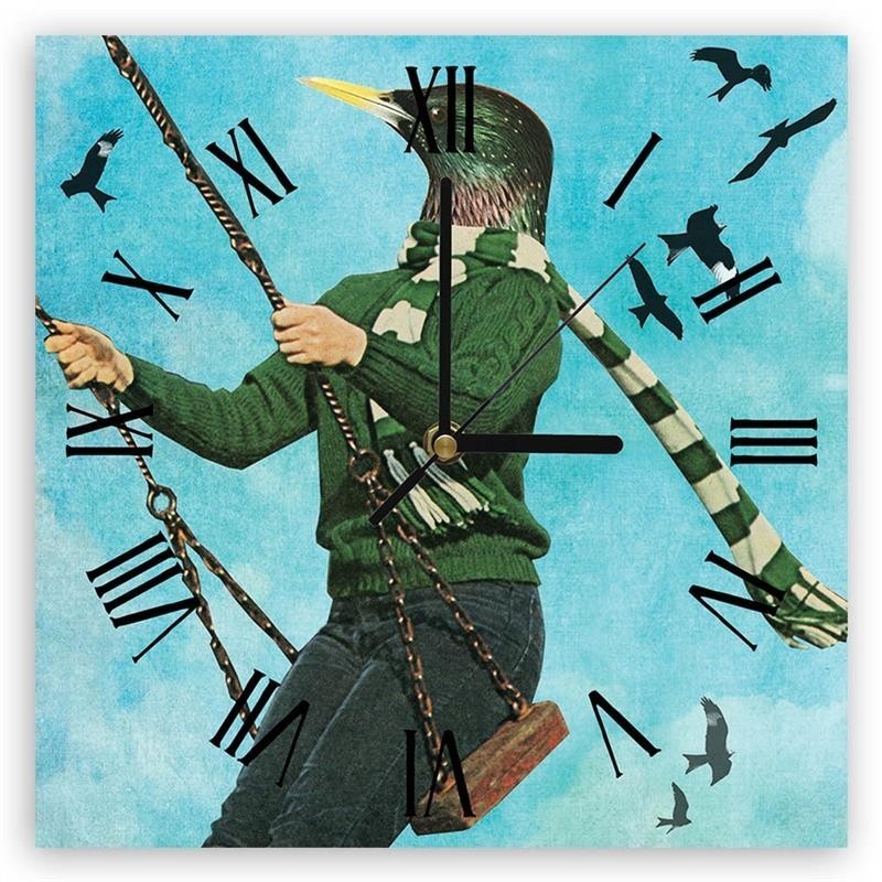 Wall clock - Man with a bird's head on a swing - Lili Chartrand | FEEBY