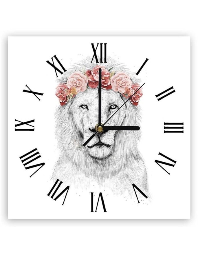 Wall clock - Lion in flower garland - Balazs Solti | FEEBY