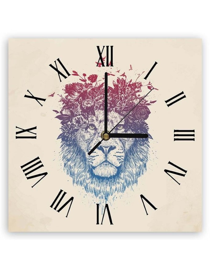 Wall clock - Lion and pastel flowers - Balazs Solti | FEEBY