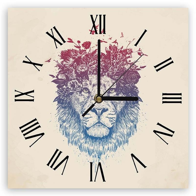 Wall clock - Lion and pastel flowers - Balazs Solti | FEEBY