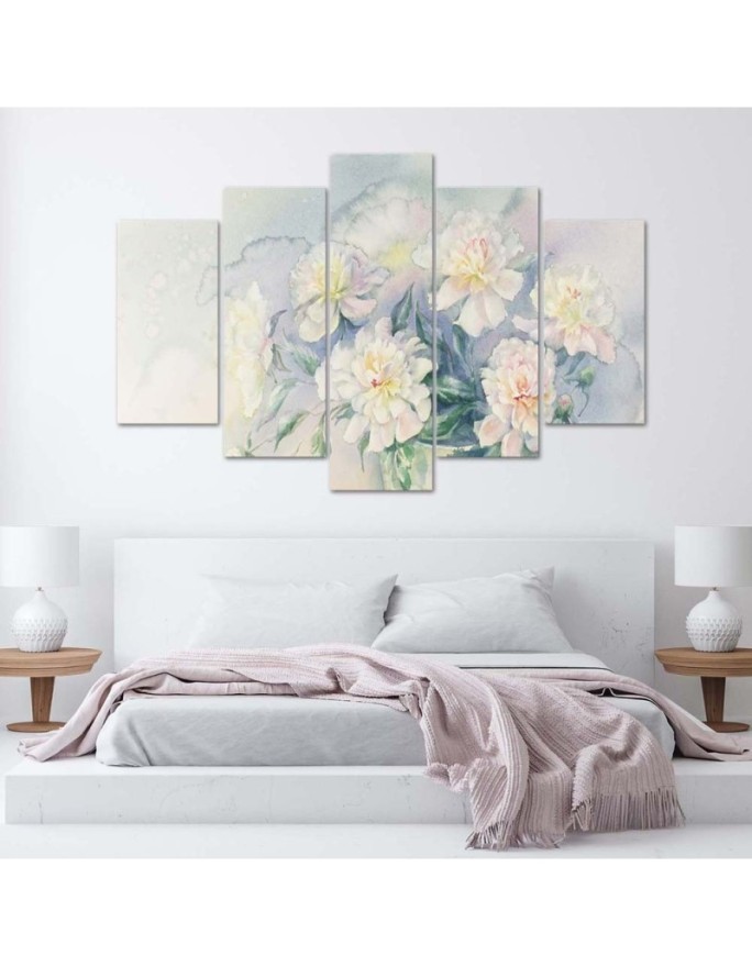 5 Piece Wall art prints Bouquet of white pastel flowers for living room | FEEBY