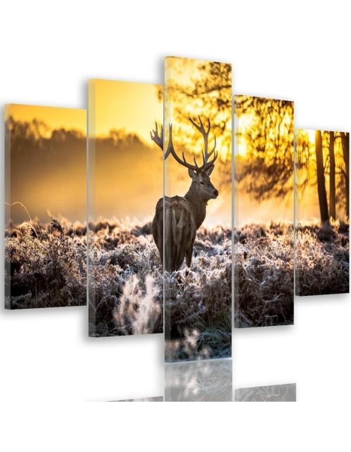 Large wall art canvas 5 Panel Deer at sunset for the living room on the wall | FEEBY