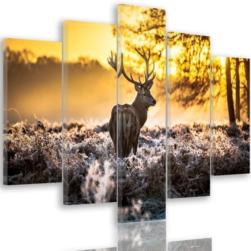 Large wall art canvas 5 Panel Deer at sunset for the living room on the wall | FEEBY