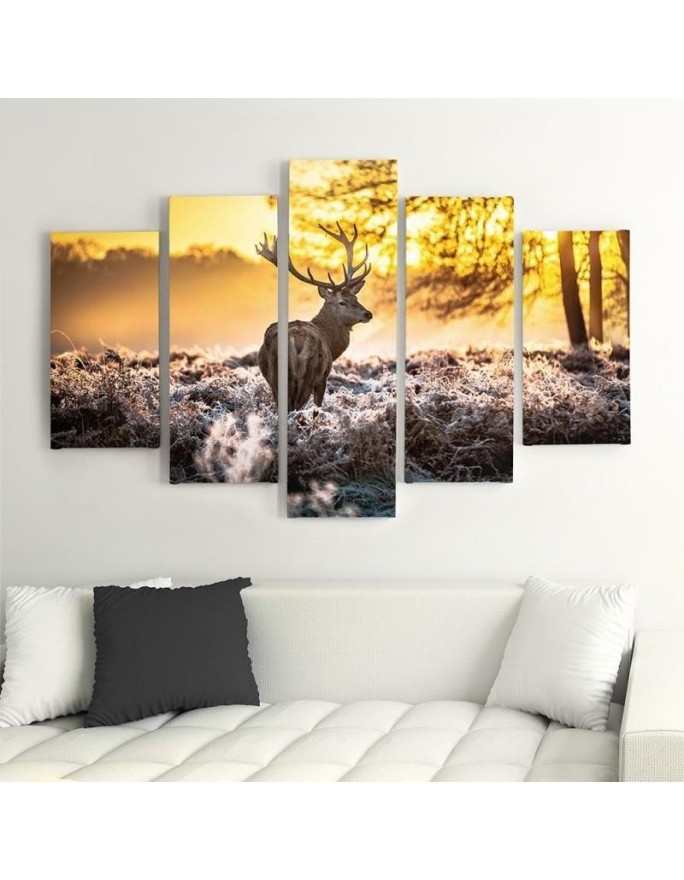 Large wall art canvas 5 Panel Deer at sunset for the living room on the wall | FEEBY