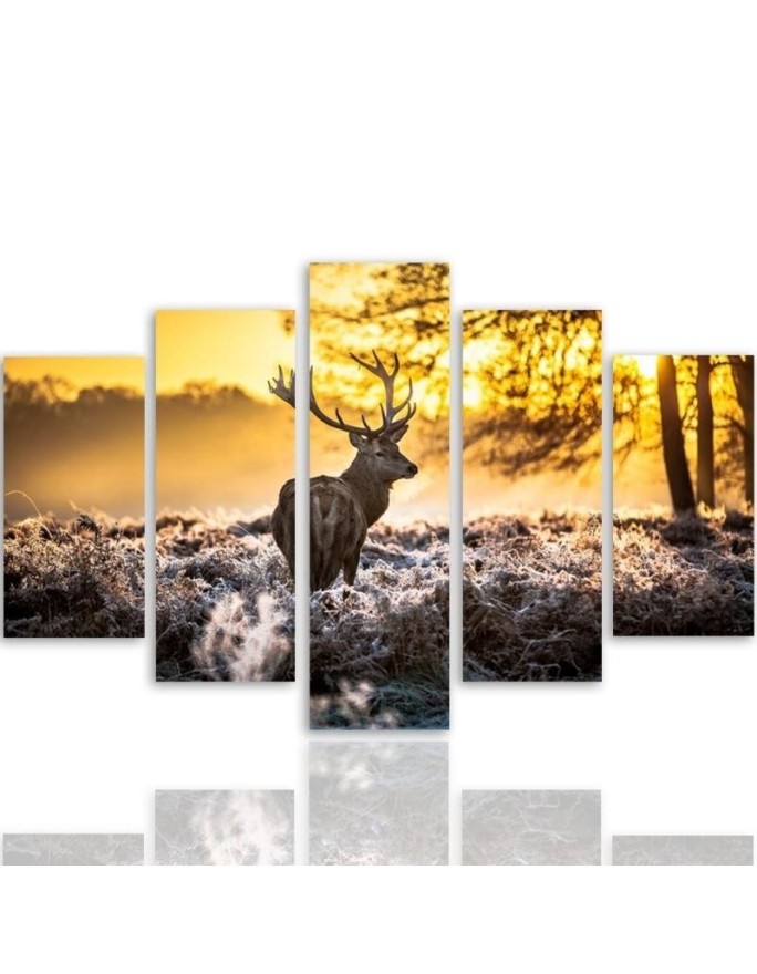 Large wall art canvas 5 Panel Deer at sunset for the living room on the wall | FEEBY