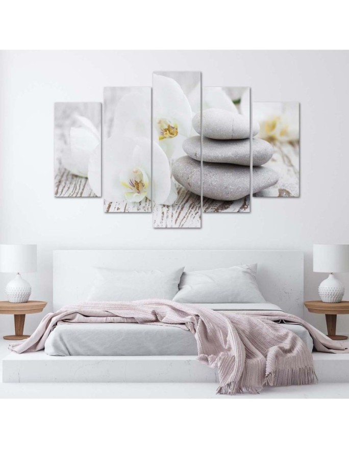 White zen orchid and stones canvas painting for spa salon | FEEBY