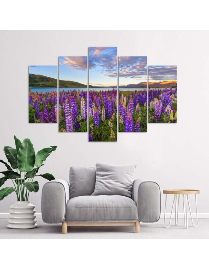 Canvas print 5 parts Field of lavender flowers for living room wall | FEEBY
