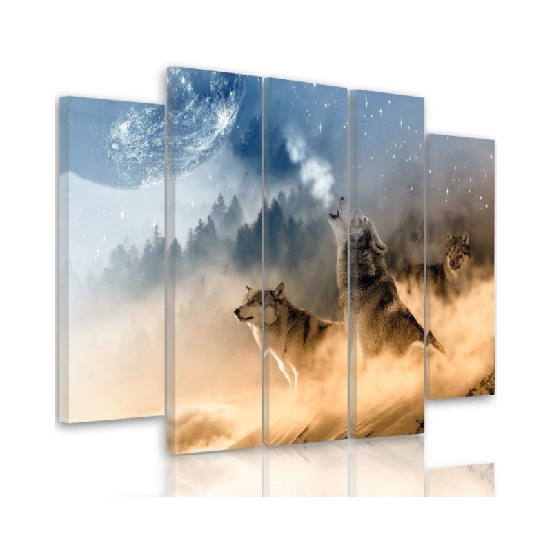 Canvas print 5 parts Wolves in the fog modern landscape | FEEBY