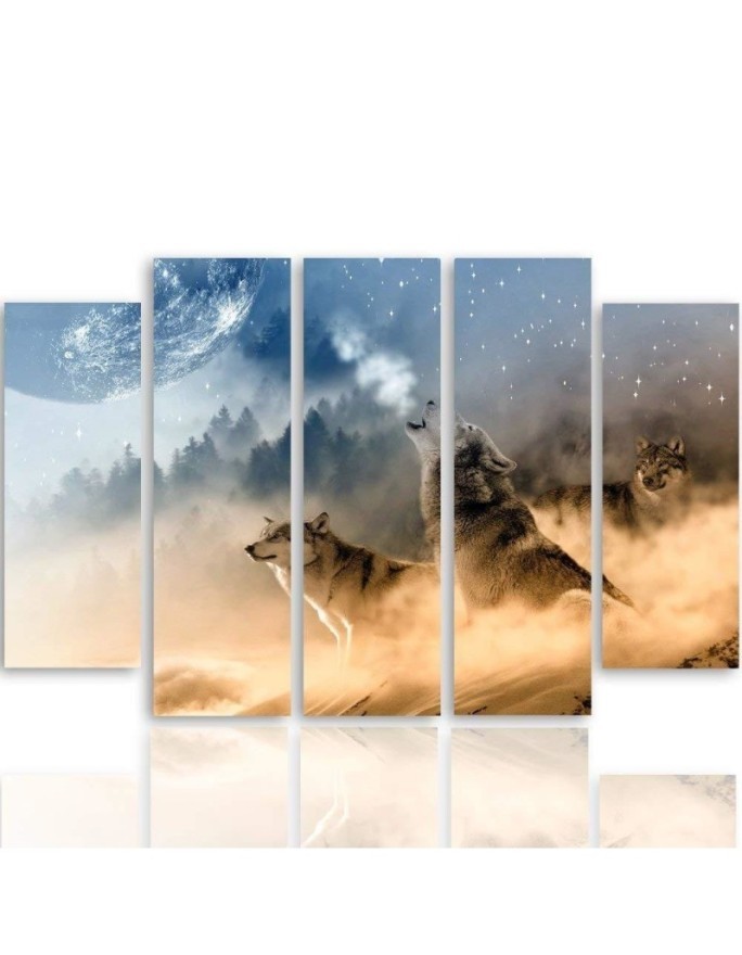 Canvas print 5 parts Wolves in the fog modern landscape | FEEBY