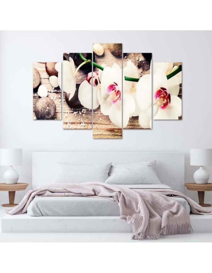 5 Piece White orchid and stones canvas paintings for living room | FEEBY