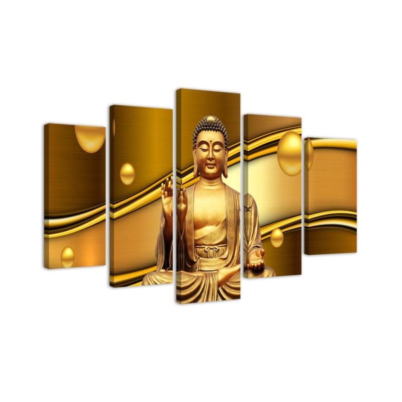 Canvas print 5 parts Golden Buddha for living room, bedroom | FEEBY