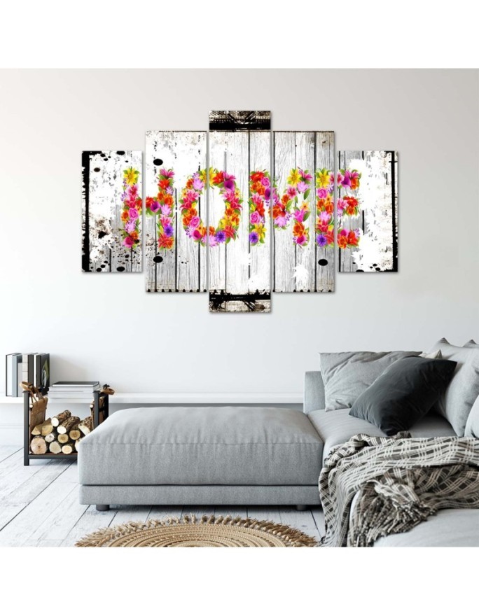 Home inscription from flowers canvas painting for the hallway | FEEBY
