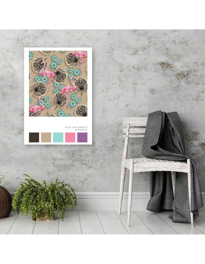 Flamingos and tropical leaves wall art painting Rubiant | FEEBY