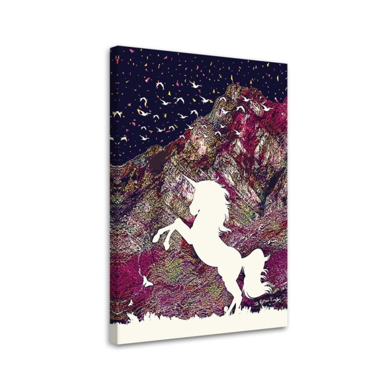 Canvas prints wall art decoration Unicorn on the background of colourful mountains | FEEBY