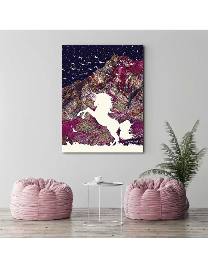 Canvas prints wall art decoration Unicorn on the background of colourful mountains | FEEBY