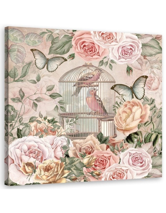 Canvas prints for dining room, living room - Peonies and birds in a cage Andrea Haase | FEEBY