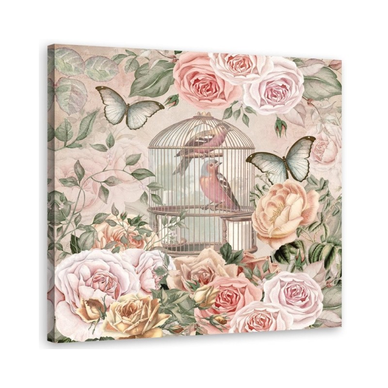 Canvas prints for dining room, living room - Peonies and birds in a cage Andrea Haase | FEEBY