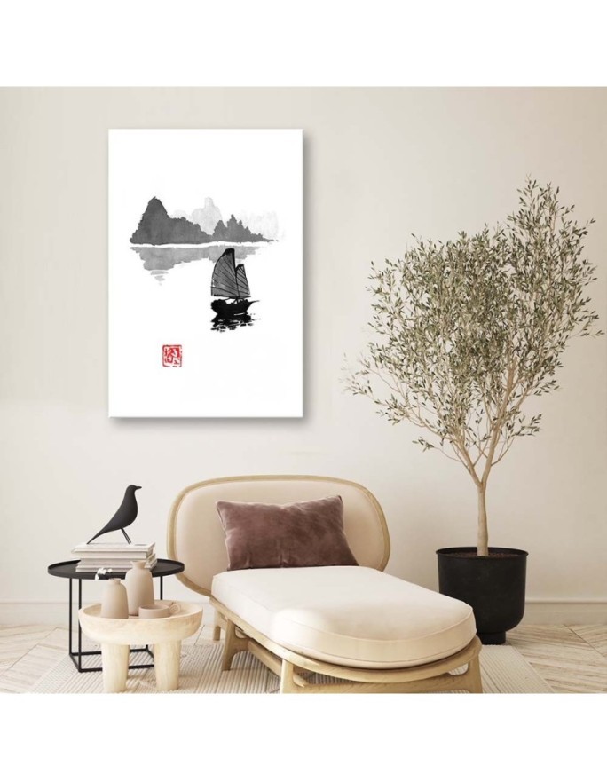 Black and white Canvas painting - Boat on a lake Péchane | FEEBY
