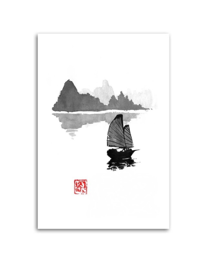 Black and white Canvas painting - Boat on a lake Péchane | FEEBY
