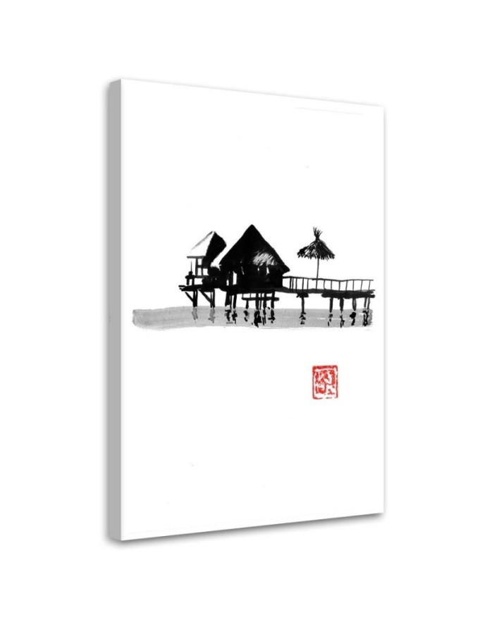 Black and white wall art painting - Tropical cottages Péchane | FEEBY