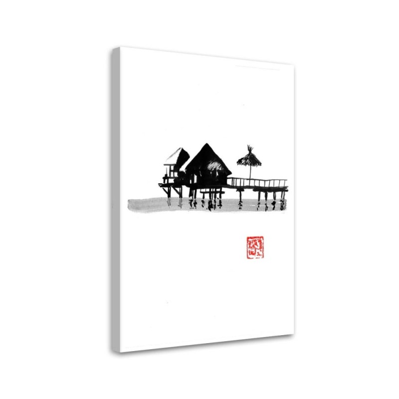 Black and white wall art painting - Tropical cottages Péchane | FEEBY