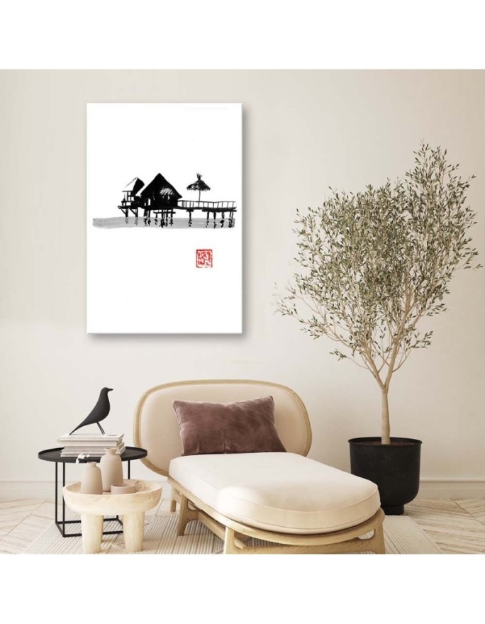 Black and white wall art painting - Tropical cottages Péchane | FEEBY
