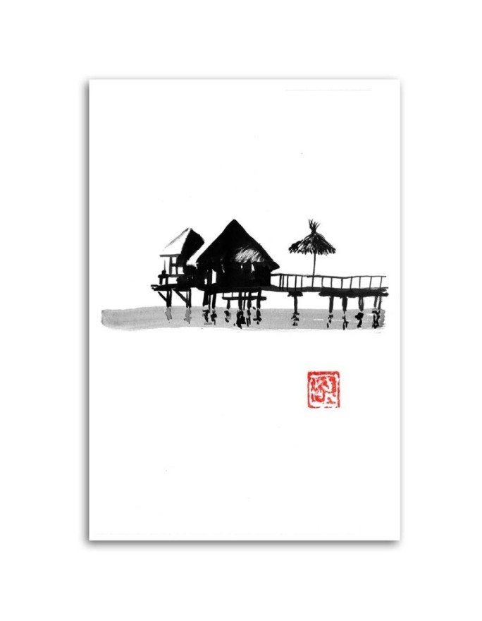 Black and white wall art painting - Tropical cottages Péchane | FEEBY