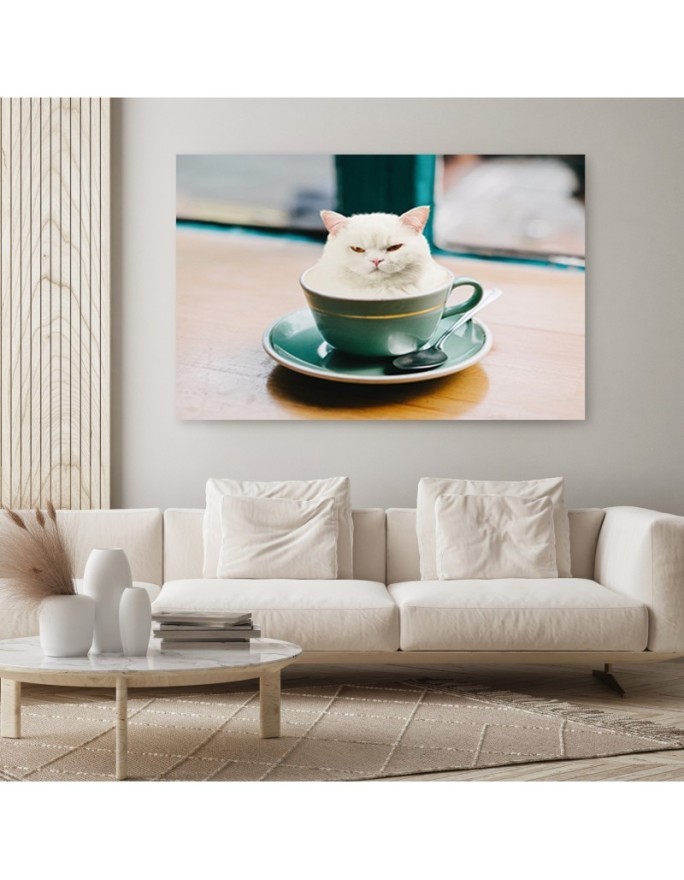 Canvas prints for bar, kitchen - White Cat Coffee Cup Galina Bugaevskaya | FEEBY