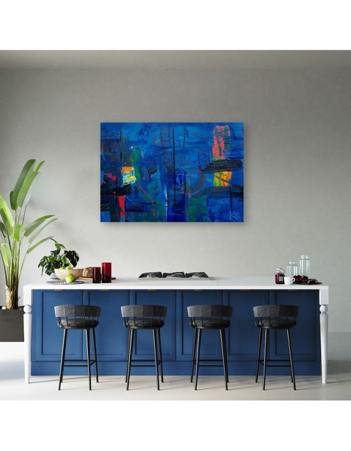 Wall art painting for living room - Blue abstraction hand-painted | FEEBY