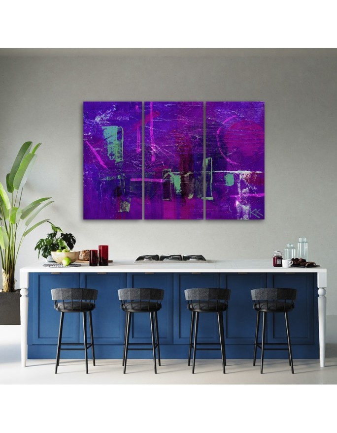 Tryptic painting print for wall - Purple abstraction hand painted | FEEBY