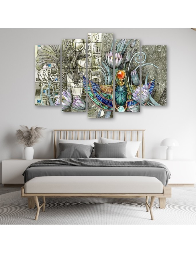 5 part canvas painting - Egyptian hieroglyphs and scarab | FEEBY