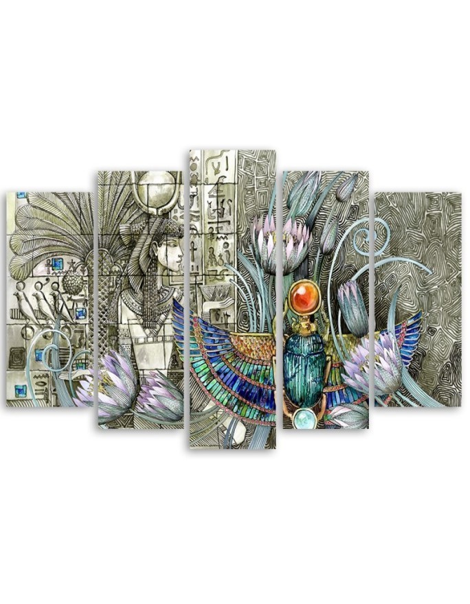 5 part canvas painting - Egyptian hieroglyphs and scarab | FEEBY