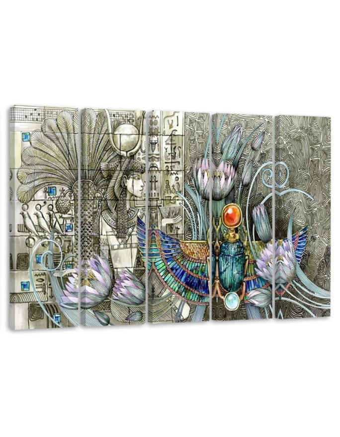 5-part canvas painting - Egyptian hieroglyphs and scarab | FEEBY