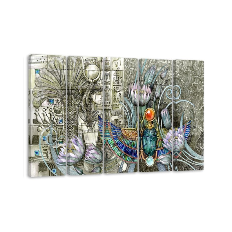 5-part canvas painting - Egyptian hieroglyphs and scarab | FEEBY